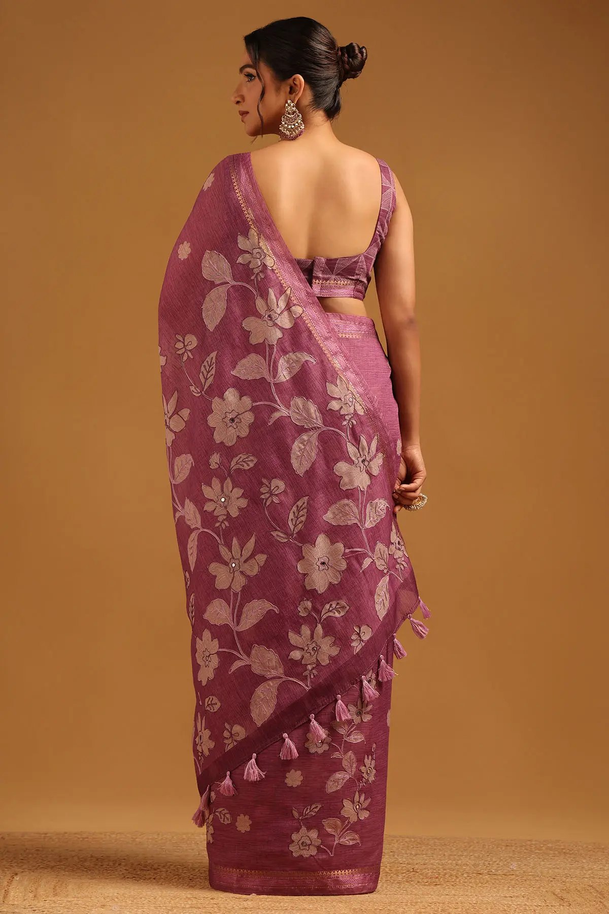 Lavender Poly Silk Floral Embroidered Saree